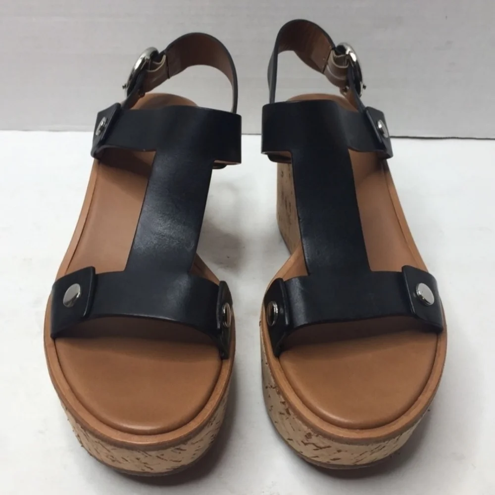 FRYE // dahlia black leather upper rivet detail platform cork wedge sandals